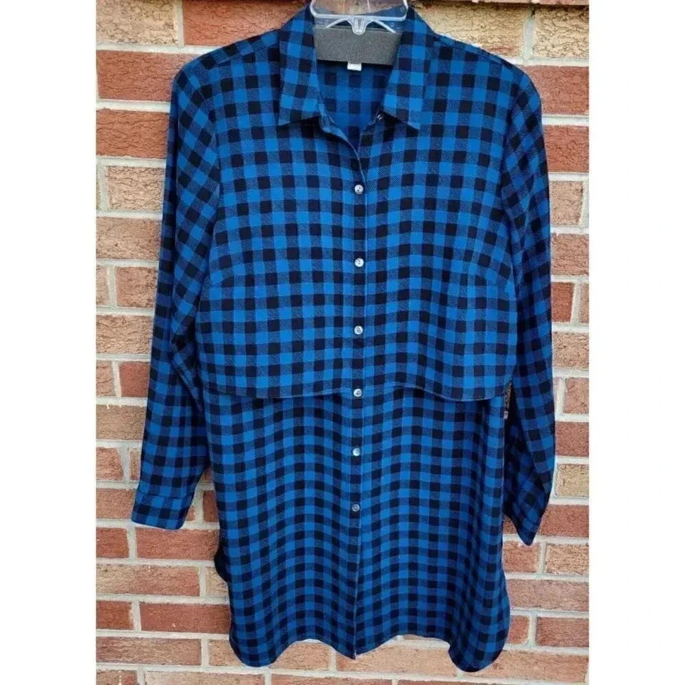 J. Jill Long Tunic Shirt Women's Size Small Black and Blue Checkered